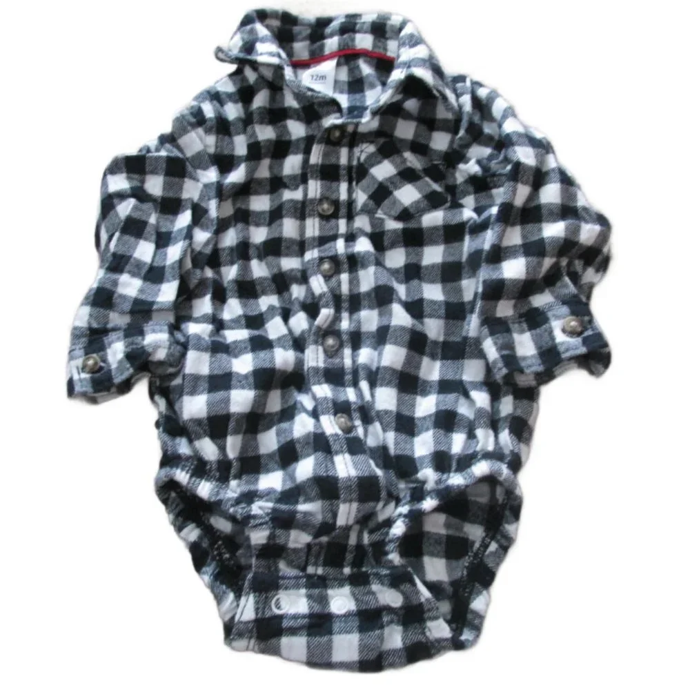 Carters Button Up Bodysuit Dress Shirt Boys 12M Black White‎ Check Long Sleeve